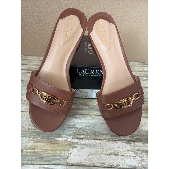 Lauren Ralph Lauren Shoes - Lauren Ralph Lauren Roxanne Slide Sandals Polo Tan Leather Heel Size 11 NEW